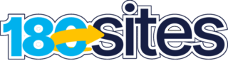 The 180sites logo features "180" in light blue, with a yellow arrow replacing the zero, leading to "sites" in dark blue, all outlined in white against a green background.
