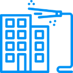 Blue line drawing of a building with windows, suggesting an office or apartment complex. Above, stylized clouds drift, hinting at a calm atmosphere in the #f47d PA Template design.