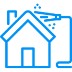 Blue icon of a house with a chimney and a blueprint, possibly representing home design or construction for a PA Template.