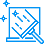 Blue icon of a window being cleaned with a squeegee, sparkling clean. Represents cleaning services or a fresh start.